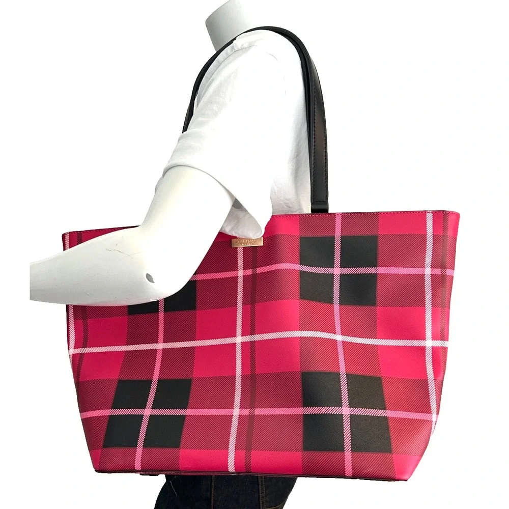 Kate Spade Ellison Avenue Sidney Plaid Tote Bag Pink Black Shoulder Purse EUC